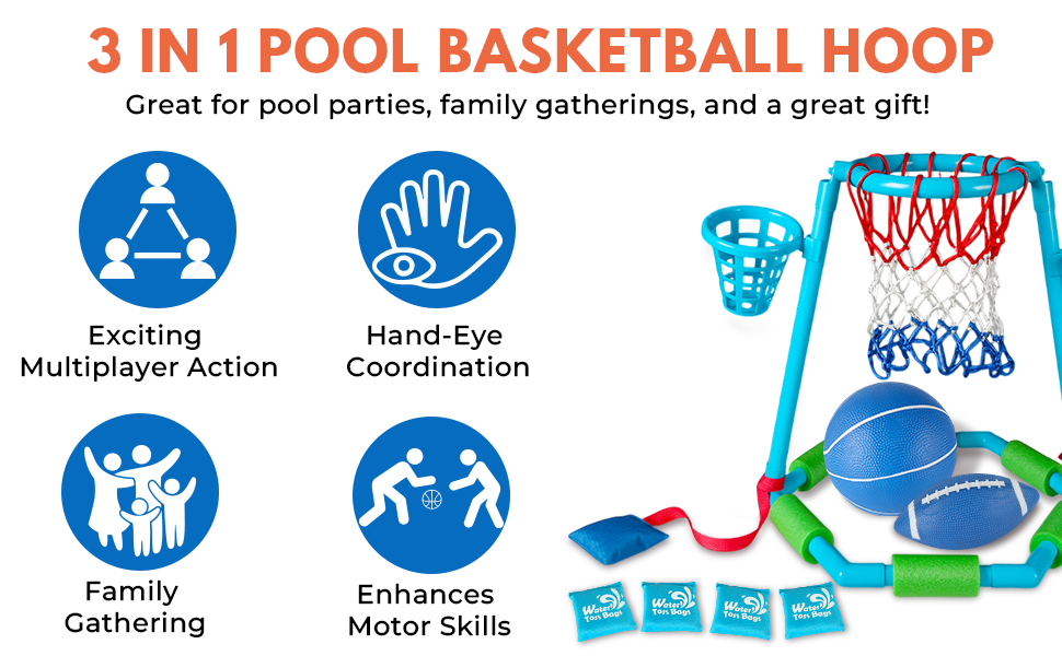 Inflatable Floating Pool Basketball Hoop Set with 2 Water Balls and Pump, Portable Water Sport Equipment
