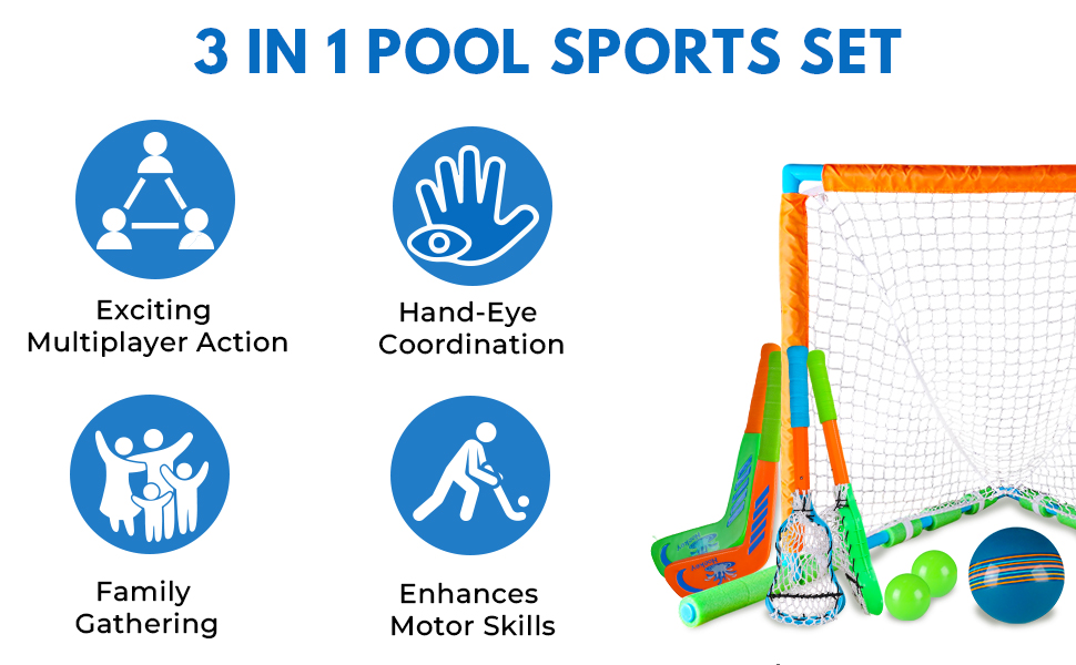 Floating Pool Sports Equipment – Floating Goal with Multi-Sport Sticks, Balls