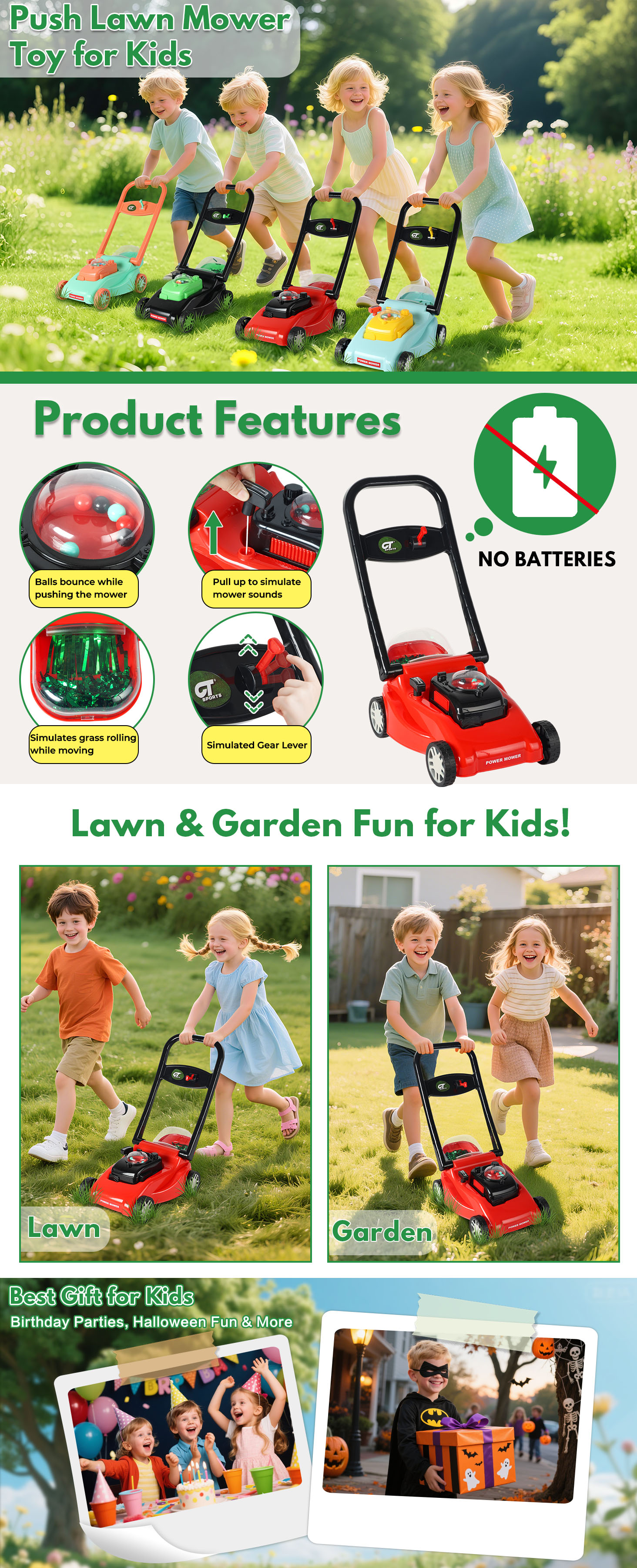 Realistic Kids Push Lawn Mower Toy