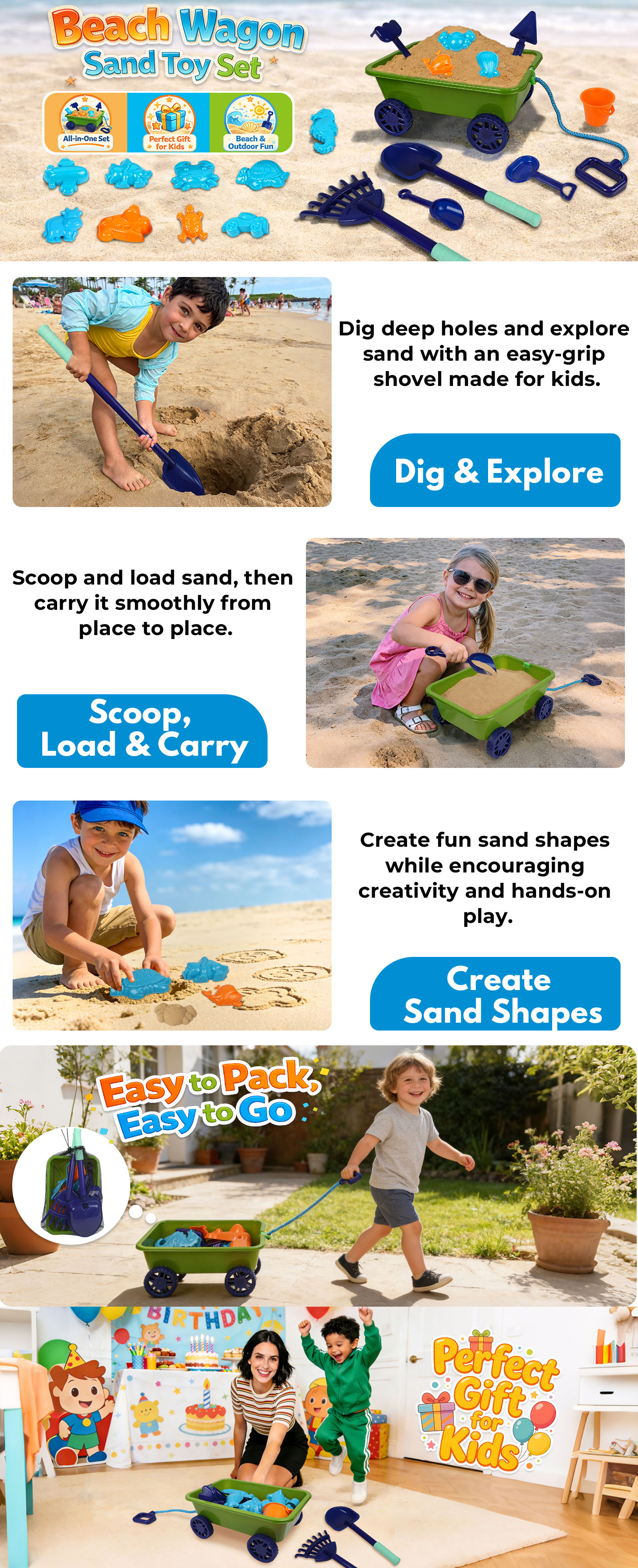 Kids Sand Wagon Play Set with Pull Handle