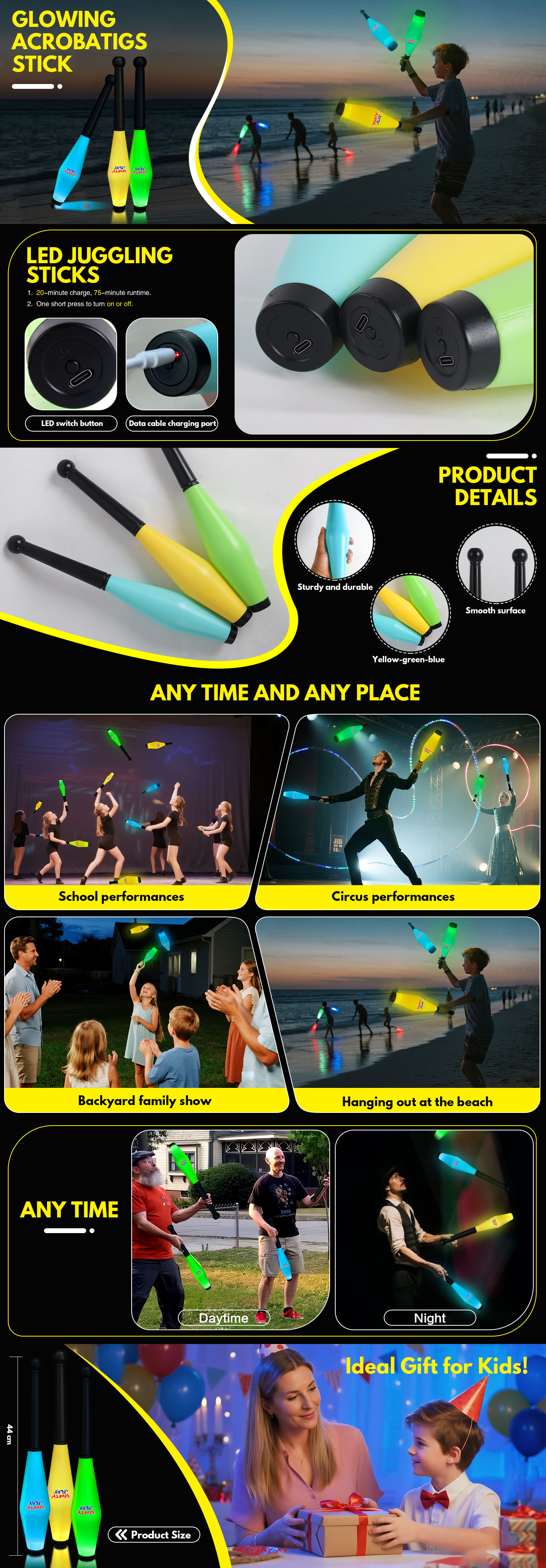 LED Juggling Sticks for Kids - Glow in the Dark Great for Developing Skills and Coordination Fun Gift for Birthdays and Holidays