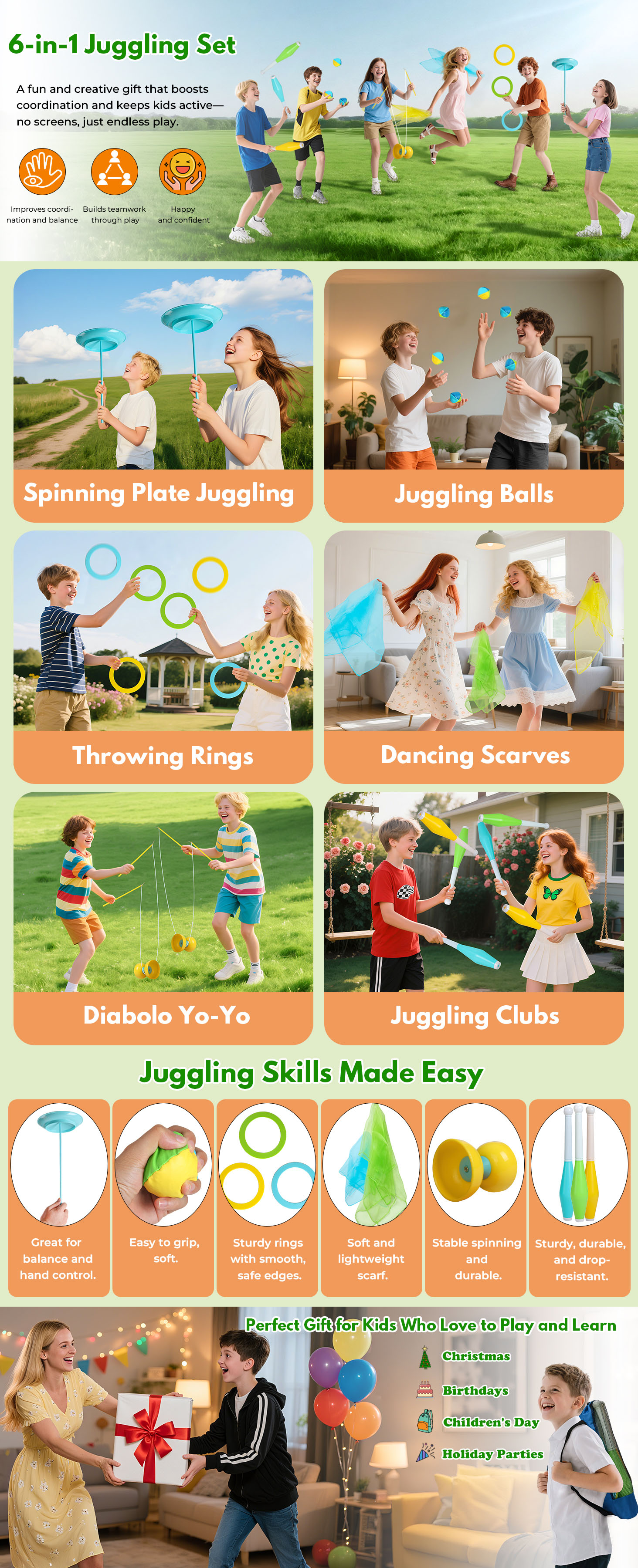 4 in 1, juggling game set, indoor and outdoor, diabolo, juggling ball, juggling scarf, juggling disc, juggling sticks.