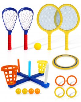 5-in-1 Outdoor Game Set— Ring Toss, Paddle Game, Scoop Ball, Flying Disc, and Basketball Toss —