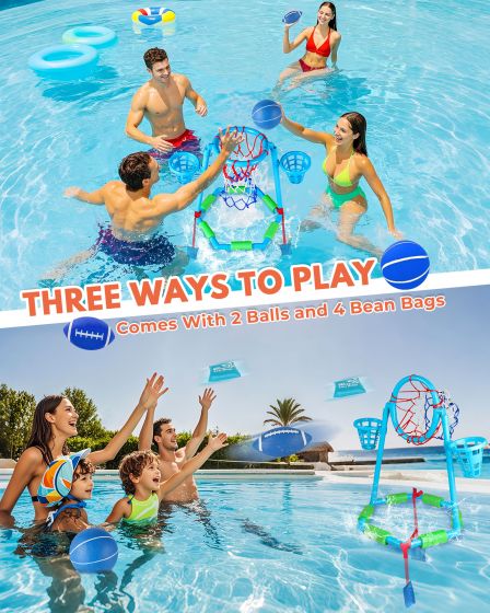 Inflatable Floating Pool Basketball Hoop Set with 2 Water Balls and Pump, Portable Water Sport Equipment