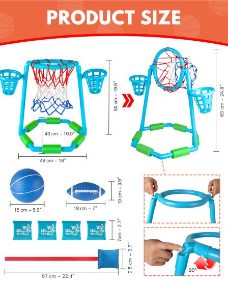 Inflatable Floating Pool Basketball Hoop Set with 2 Water Balls and Pump, Portable Water Sport Equipment