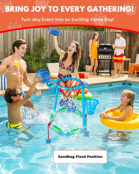 Inflatable Floating Pool Basketball Hoop Set with 2 Water Balls and Pump, Portable Water Sport Equipment