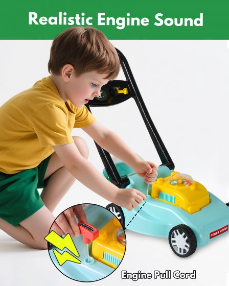 Kids' lawnmower with realistic mowing motions and sound effects, no batteries required.