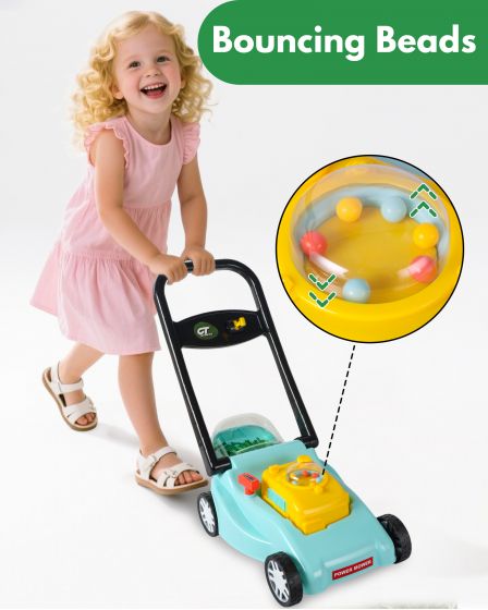 Kids' lawnmower with realistic mowing motions and sound effects, no batteries required.