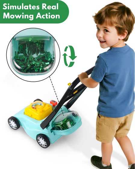 Kids' lawnmower with realistic mowing motions and sound effects, no batteries required.