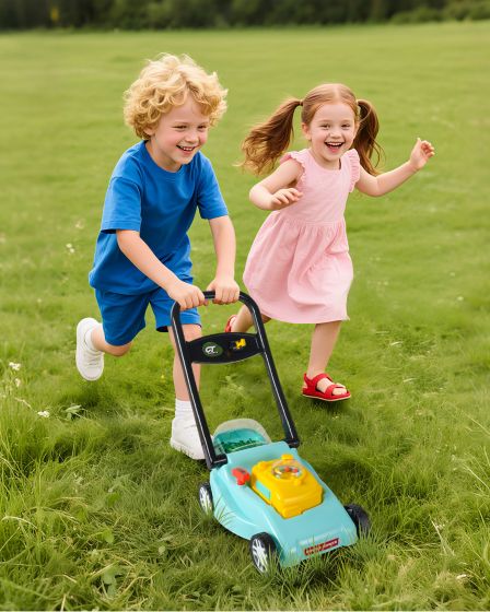 Kids' lawnmower with realistic mowing motions and sound effects, no batteries required.