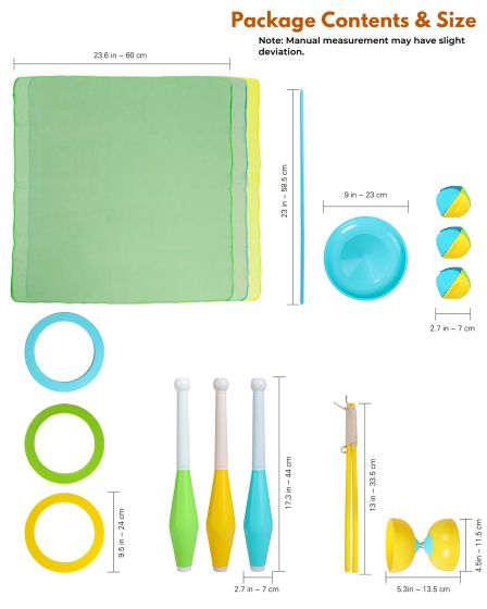 4 in 1, juggling game set, indoor and outdoor, diabolo, juggling ball, juggling scarf, juggling disc, juggling sticks.